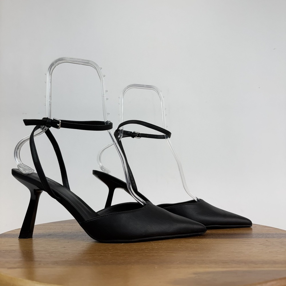 Womens Open Edit Neesha Black Faux Leather Ankle Strap Pumps Size 10.5 M GUC